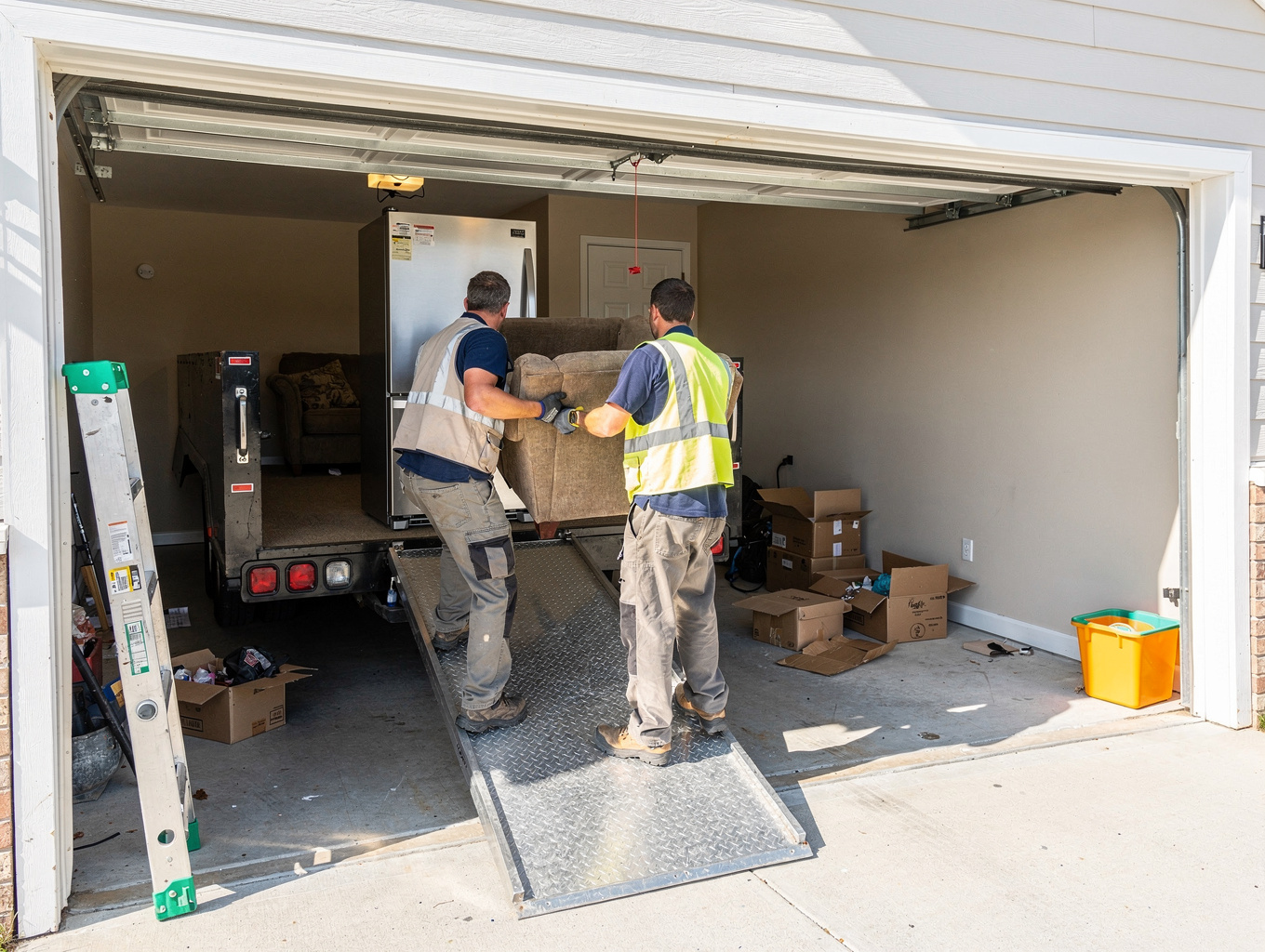 Professional junk removal team loading a truck